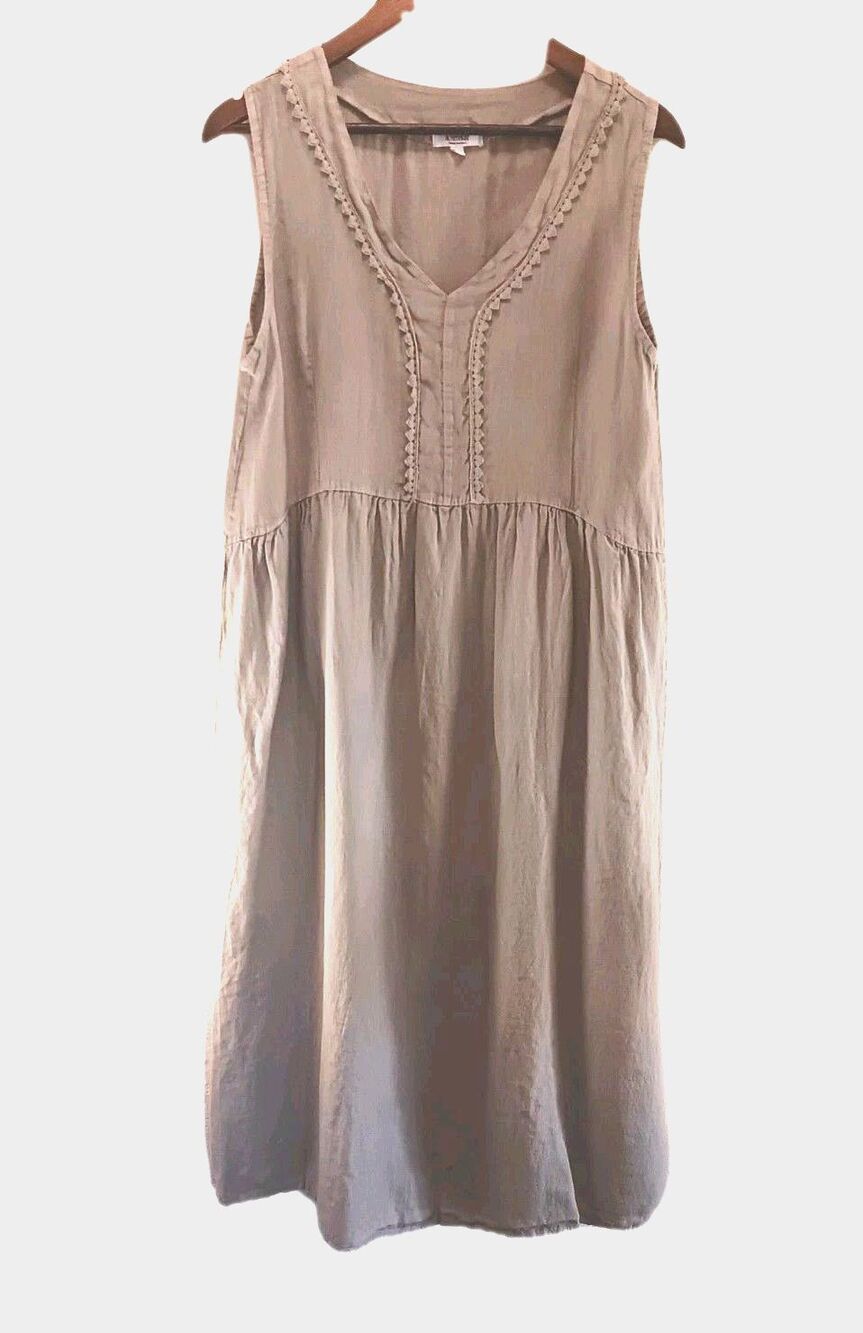 ROSEMARINE Made in Italy 100% Linen Midi Dress Taupe Lace Trim Sleeveless L